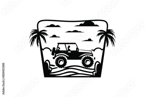 Black silhouette shows a person driving off road car near the palm trees