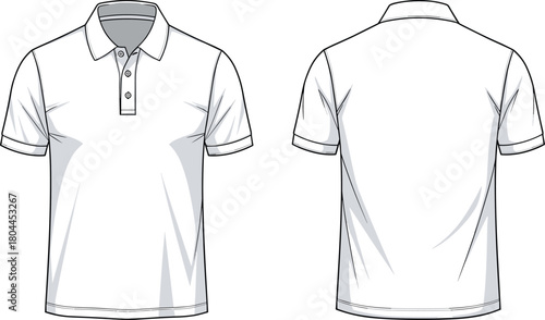 White polo shirt front and back view flat sketch t-shirt clothing