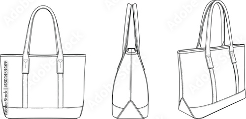 Three views of a black and white line drawing of a tote bag handbag accessory