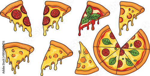 Slices of pepperoni and basil pizza with dripping cheese vector