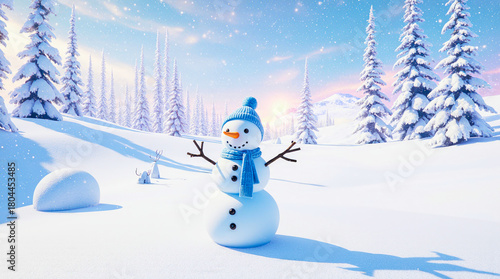 Joyful snowman standing in a snowy winter wonderland forest