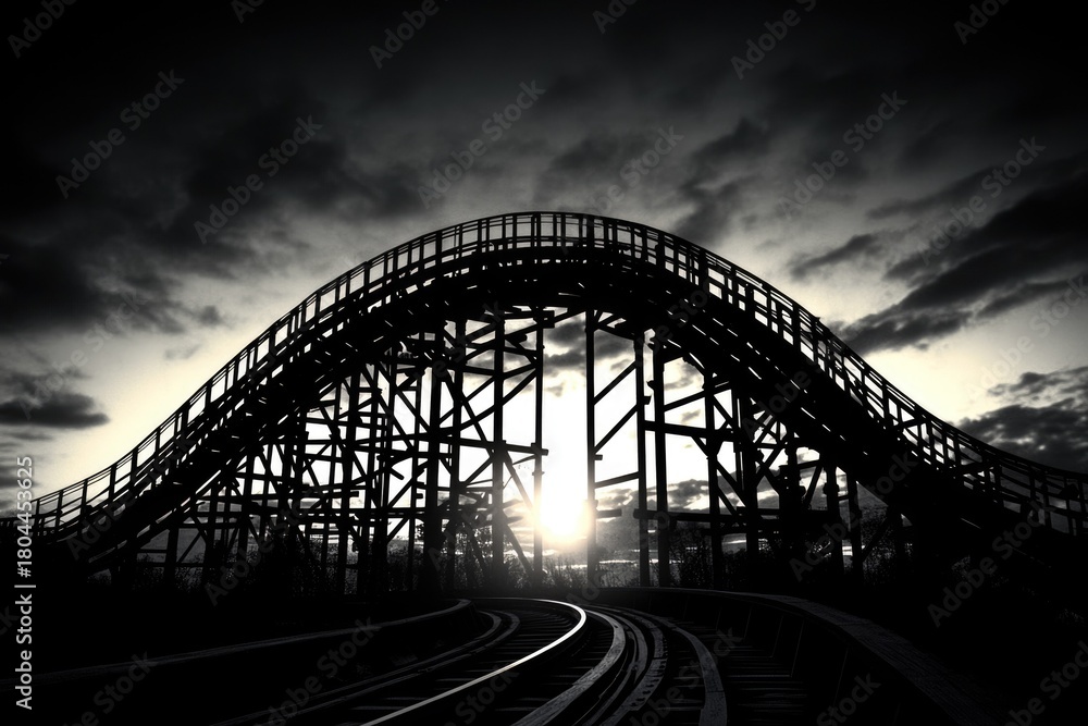 Obraz premium Monochrome wooden roller coaster silhouette under dramatic sky. Sun through structure highlights thrilling curves, evoking eerie and nostalgic atmosphere.