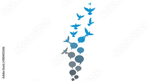 Birds flying out of speech bubbles symbolizing communication and freedom, Generative AI.