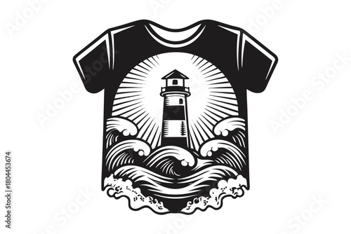 Black Tshirt features ocean waves and a lighthouse emitting light on a white background