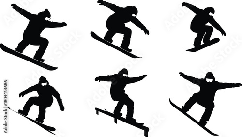 Six black silhouette snowboarders performing various tricks and jumps snowboarding