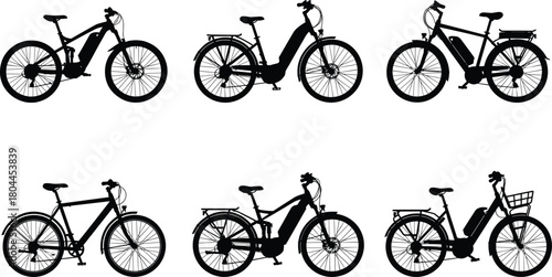 Six black silhouette electric bicycles and bicycles on white background bike electric bike