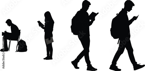 Silhouettes of students engaged in various activities including studying writing and using mobile devices