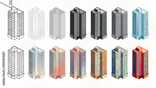 Urban architecture, the process of drawing from line drawings to complete drafts, hand-drawn vector illustrations