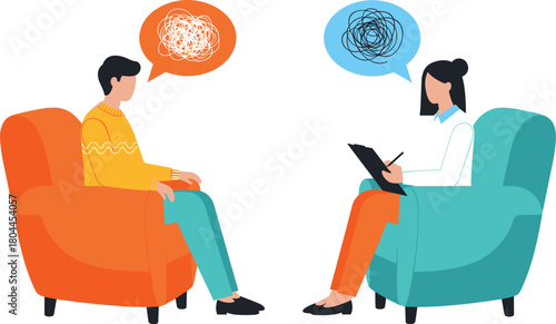 Man and woman in therapy session with tangled thought bubbles counseling mental health