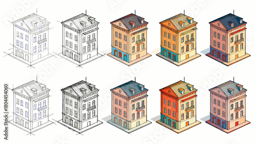 Urban architecture, the process of drawing from line drawings to complete drafts, hand-drawn vector illustrations