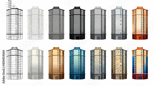 Urban architecture, the process of drawing from line drawings to complete drafts, hand-drawn vector illustrations