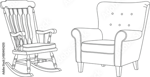 Line art illustration of a wooden rocking chair and a tufted armchair furniture