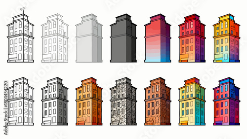 Urban architecture, the process of drawing from line drawings to complete drafts, hand-drawn vector illustrations