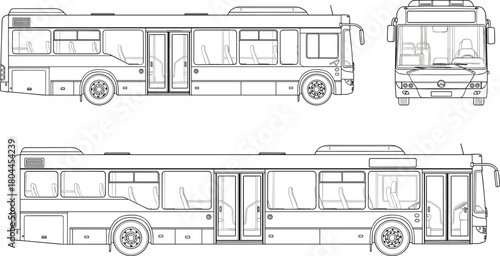 Line art drawing of a public transport bus from multiple angles transportation vehicle