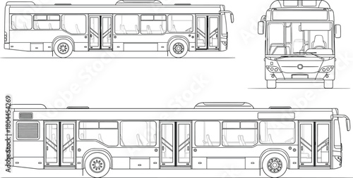 Line art drawing of a modern city bus viewed from side front and top public transport