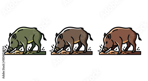 Three wild boars foraging for food in different shades, a simple and charming wildlife illustration