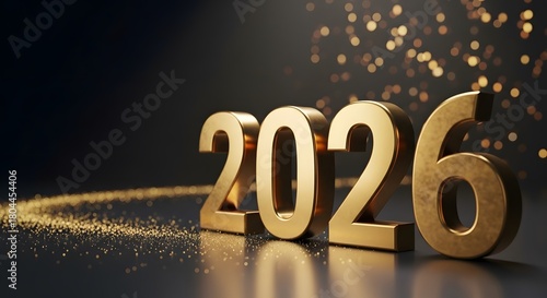 Golden 3d numbers of the year 2026 illuminated with sparkling bokeh lights and a golden trail
