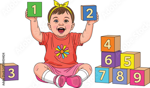 Happy baby girl playing with colorful number blocks learning to count child toddler