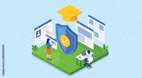 Isometric illustration of digital learning security with graduation cap and shield