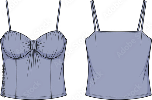 Front and back view of a light purple ruched bust camisole top with spaghetti straps