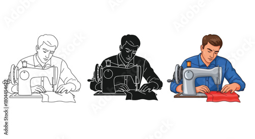 Evolution of a tailor shown in different forms, including outline, silhouette, and full color versions