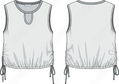 Front and back view of a light grey sleeveless t-shirt with a keyhole neckline and drawstring hem