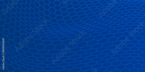 Selective focus photo. Close up picture of geometrical neon blue hexagon background