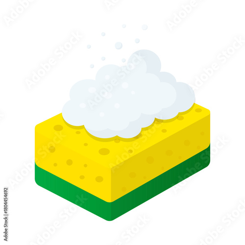 Illustration of cleaning sponge with soap foam. Vector illustration