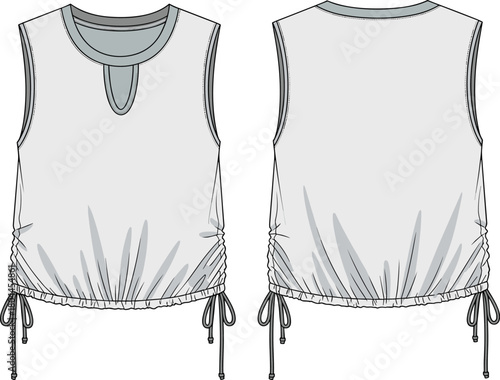 Front and back flat fashion illustration of a sleeveless grey t-shirt with gathered hem and drawstring