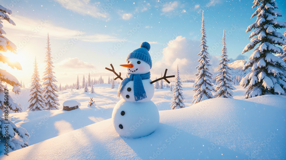Obraz premium Joyful snowman standing in a sunlit winter forest