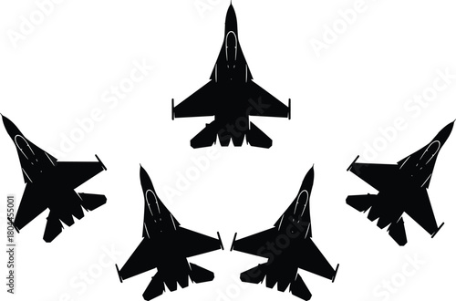 Five black fighter jets in formation against a white background airplane aircraft