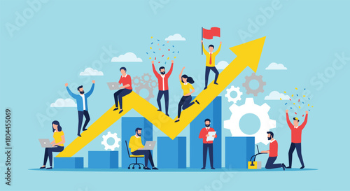 Diverse team celebrates success on upward trending graph with confetti and gears