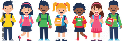Diverse group of smiling children with backpacks and books ready for school kids