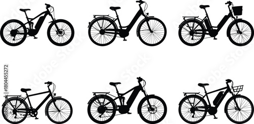 Collection of six black silhouette electric bicycles and bicycles on white background
