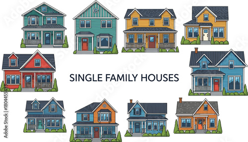 Collection of colorful cartoon style single family houses with porches and windows