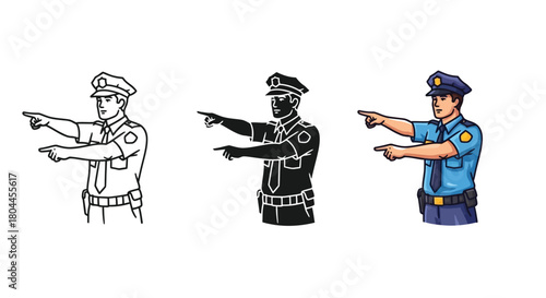 Police officer pointing in color, silhouette, and line art, representing law enforcement and authority in various design formats
