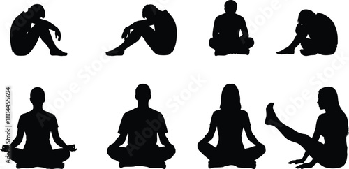 Collection of Black Silhouettes of People in Various Poses on White Background woman