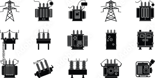 Collection of black and white silhouette icons of electrical transformers and power line towers