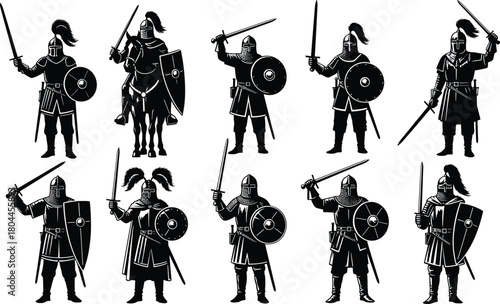 Collection of black and white medieval knights in armor with swords and shields warrior