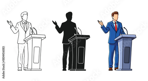Politician giving speech at podium, in line art, silhouette, and color, public speaking concept