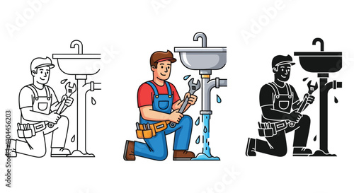 Plumber fixing a leaky sink with a wrench, available in color, silhouette, and outline versions