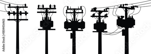 Black silhouette of five different electrical utility poles with transformers and wires