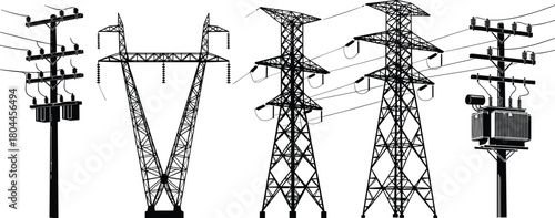 Black Silhouette of Electrical Transmission Towers and Utility Poles with Wires electricity
