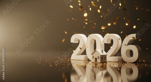 2026 title with a small house model and falling golden confetti against a moody background
