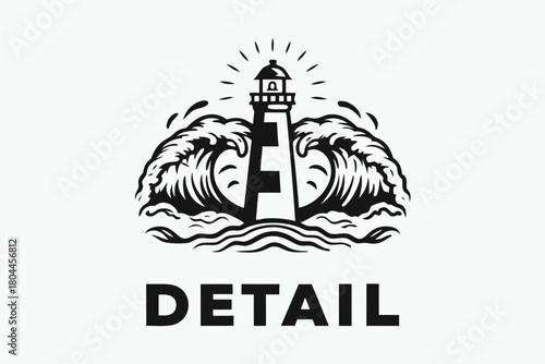 Bold monochrome lighthouse stands tall against crashing waves, its light shining brightly above