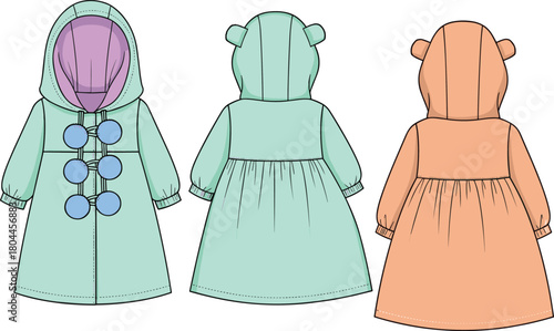 Cute toddler baby girl hooded coat jacket fashion drawing flat sketch template, winter apparel technical CAD design with bear ears, large toggle buttons, elastic cuffs, and a gathered waist.