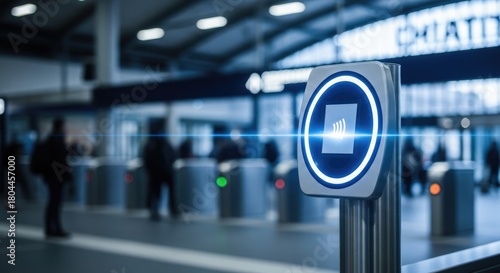 Modern contactless payment reader glowing at train station entrance for convenient travel access today