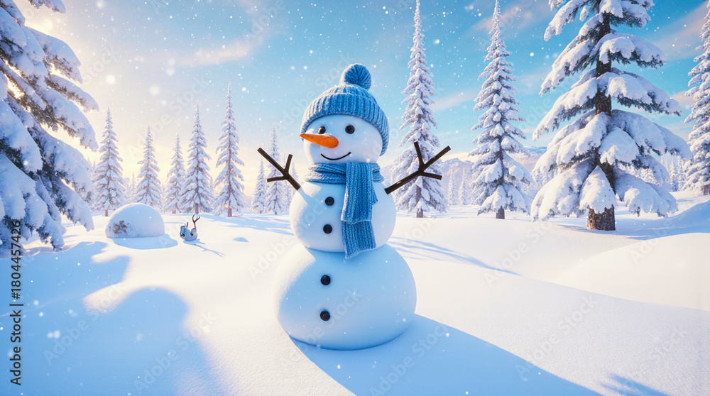 Fototapeta premium Cheerful snowman in a snowy forest with blue hat and scarf