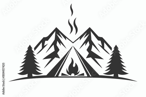 Bold monochrome mountain peak with pine trees and a flickering campfire evokes adventure