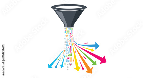 Data funnel transforming information into colorful arrows representing output, Generative AI.
